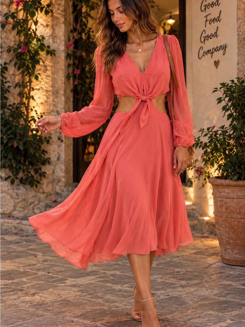 Yumi Kim Coral Tie-Front Cutout Midi Dress